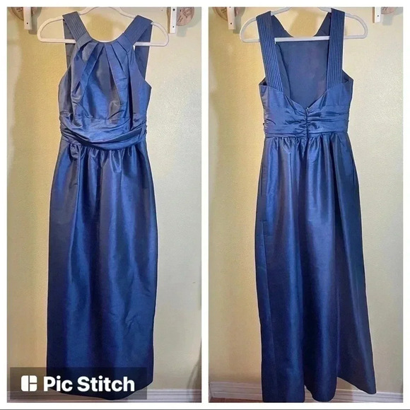 Alfred Sung Halter Style Low Back Dupioni Bridesmaid Gown Prom Navy Blue Sz 4 - Picture 1 of 8